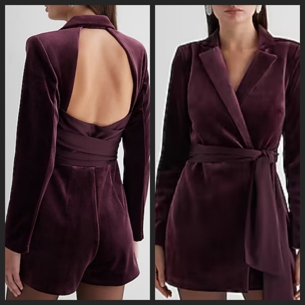 NEW! EXPRESS Wine Color Velvet One-Piece Blazer Romper Open Back 0.